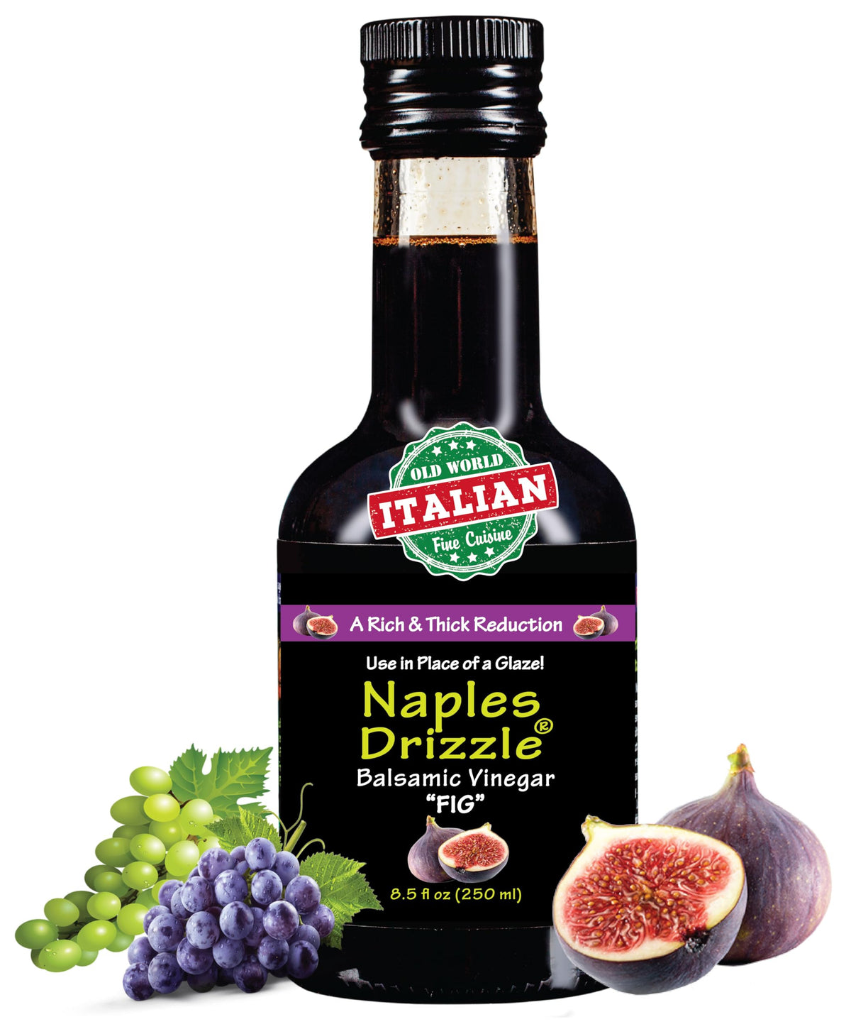 Naples Drizzle front bottle showing rich fig glaze and attractive packaging benefit