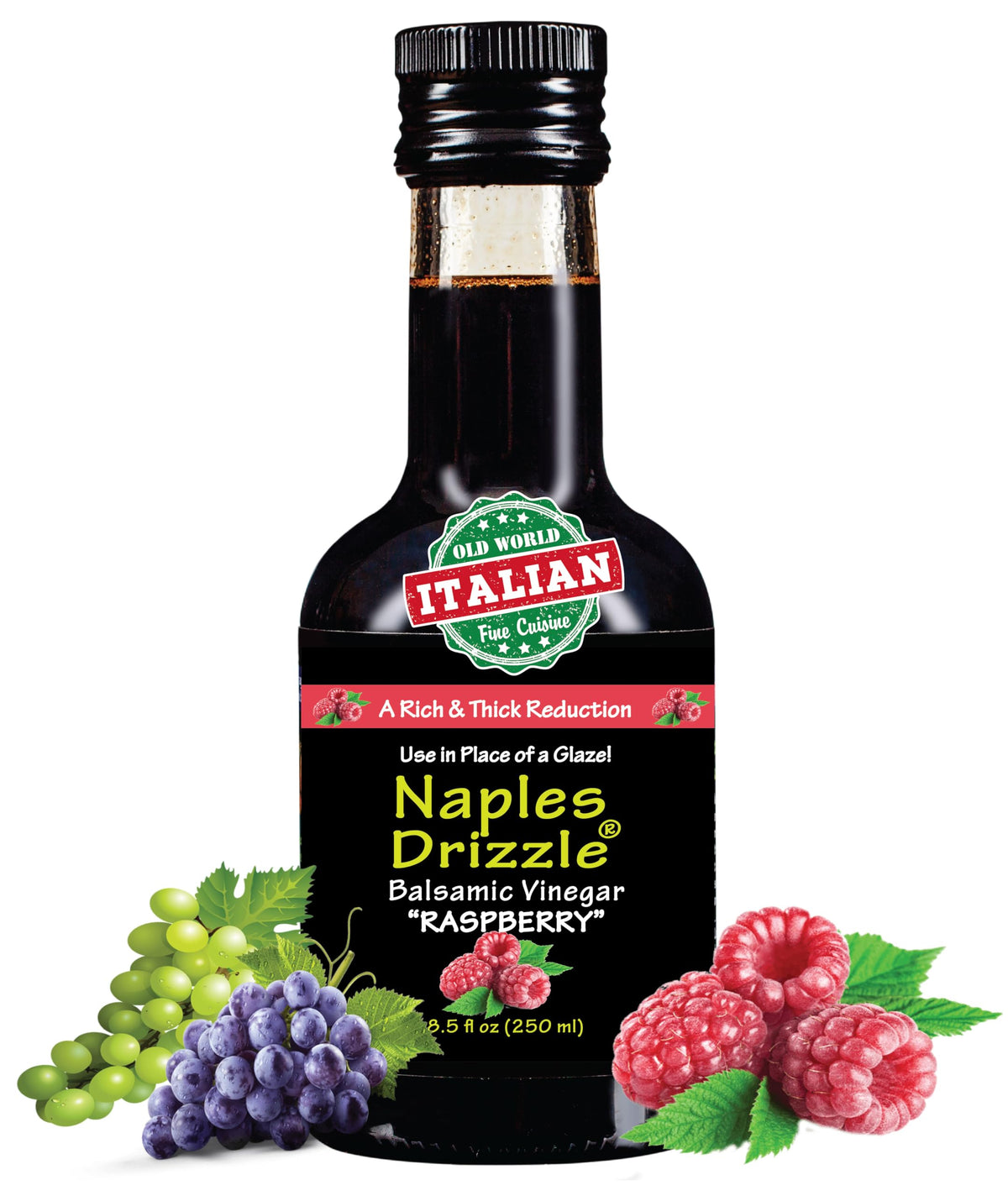 Naples Drizzle raspberry front bottle showing rich glaze and premium label benefits