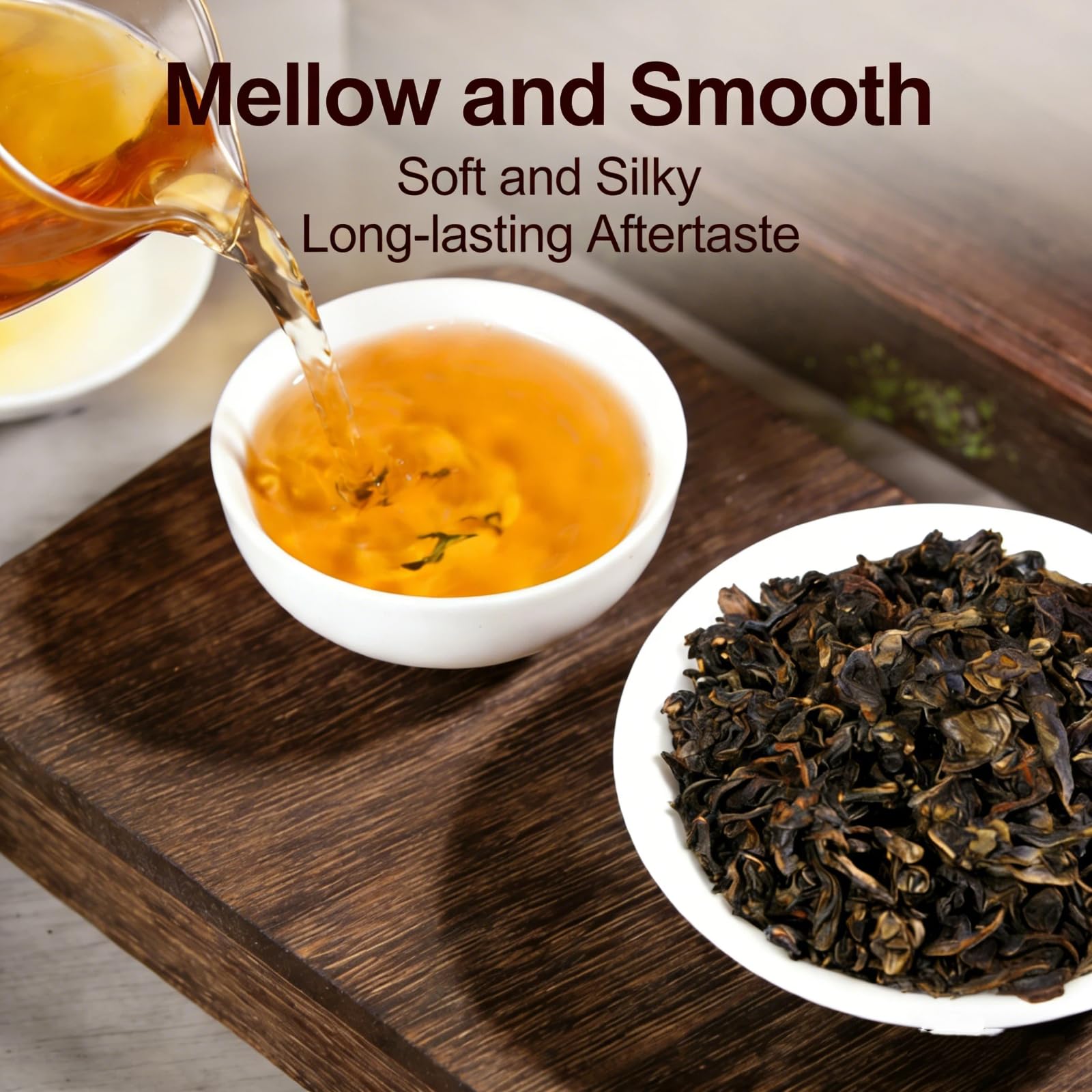 NASLAPH brewed amber tea in glass cup showing smooth clarity