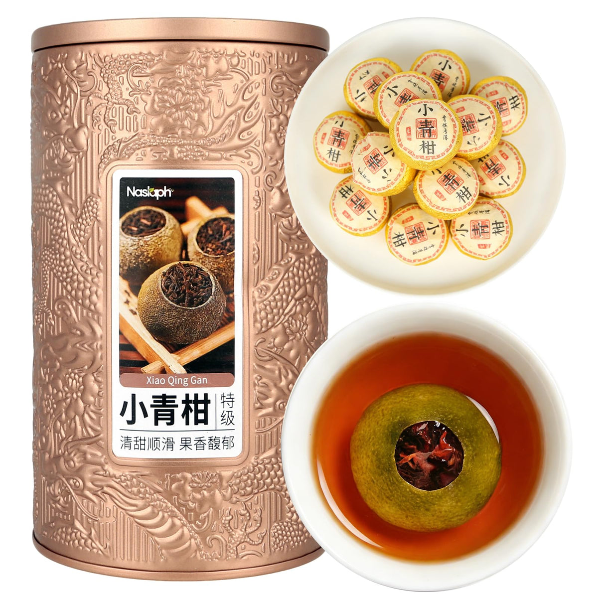 NASLAPH front packaging showing 150g tangerine peel Pu'er and clear labeling, highlights authenticity