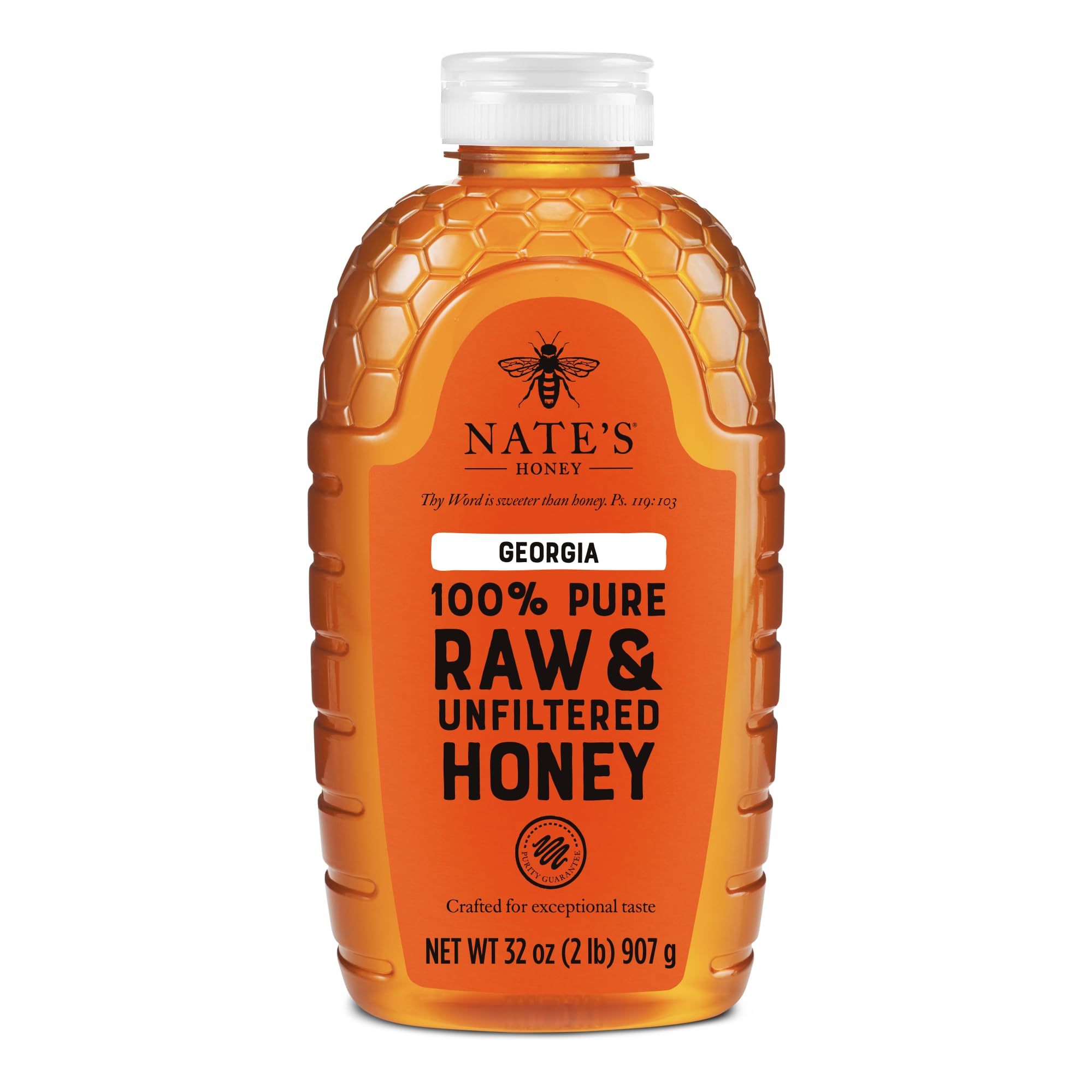 Nate's Honey front packaging shows 32 oz bottle and clean, pure presentation for convenience