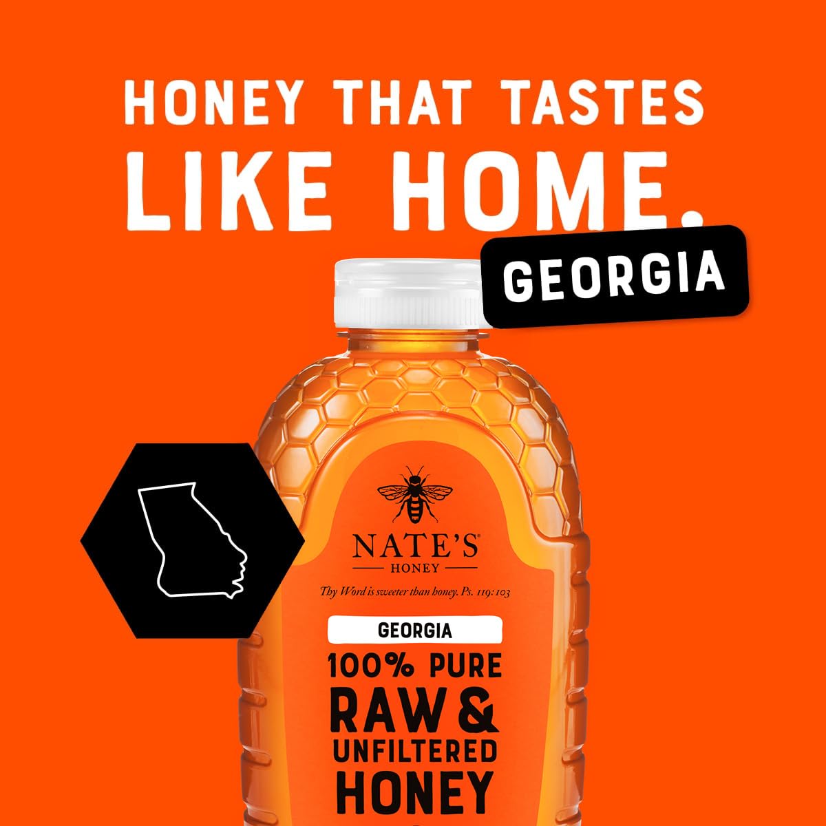 Nate's Honey squeeze top detail for no-stick pouring and easy precise drizzle