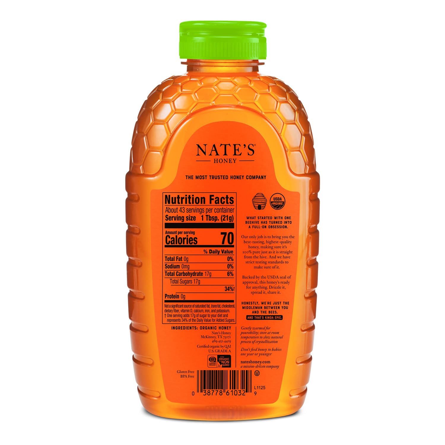 Nature Nate's label detail showing USDA organic and purity testing assurance