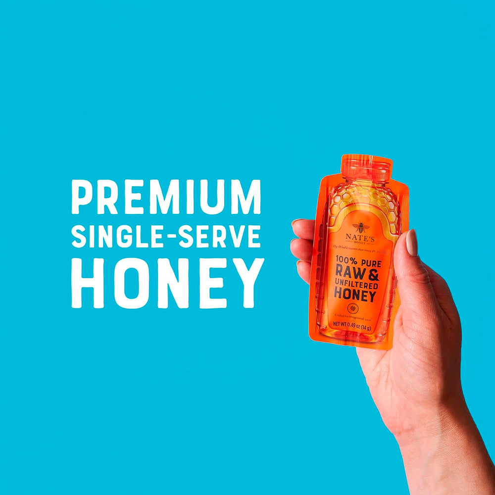 Nate's Honey single 0.49 oz mini packet ready to tear for convenience