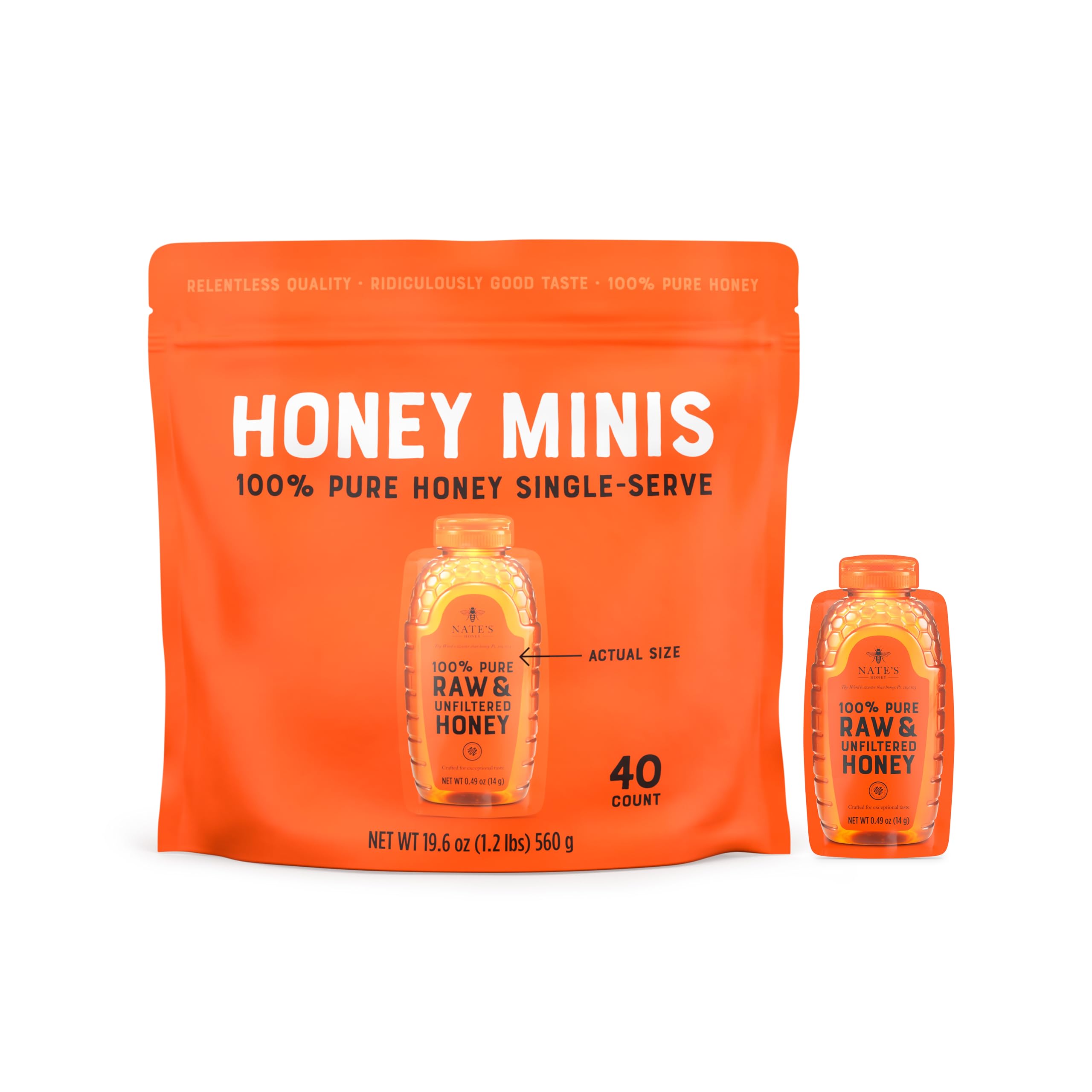 Nate's Honey front packaging showing 40 mini packets for convenient portions