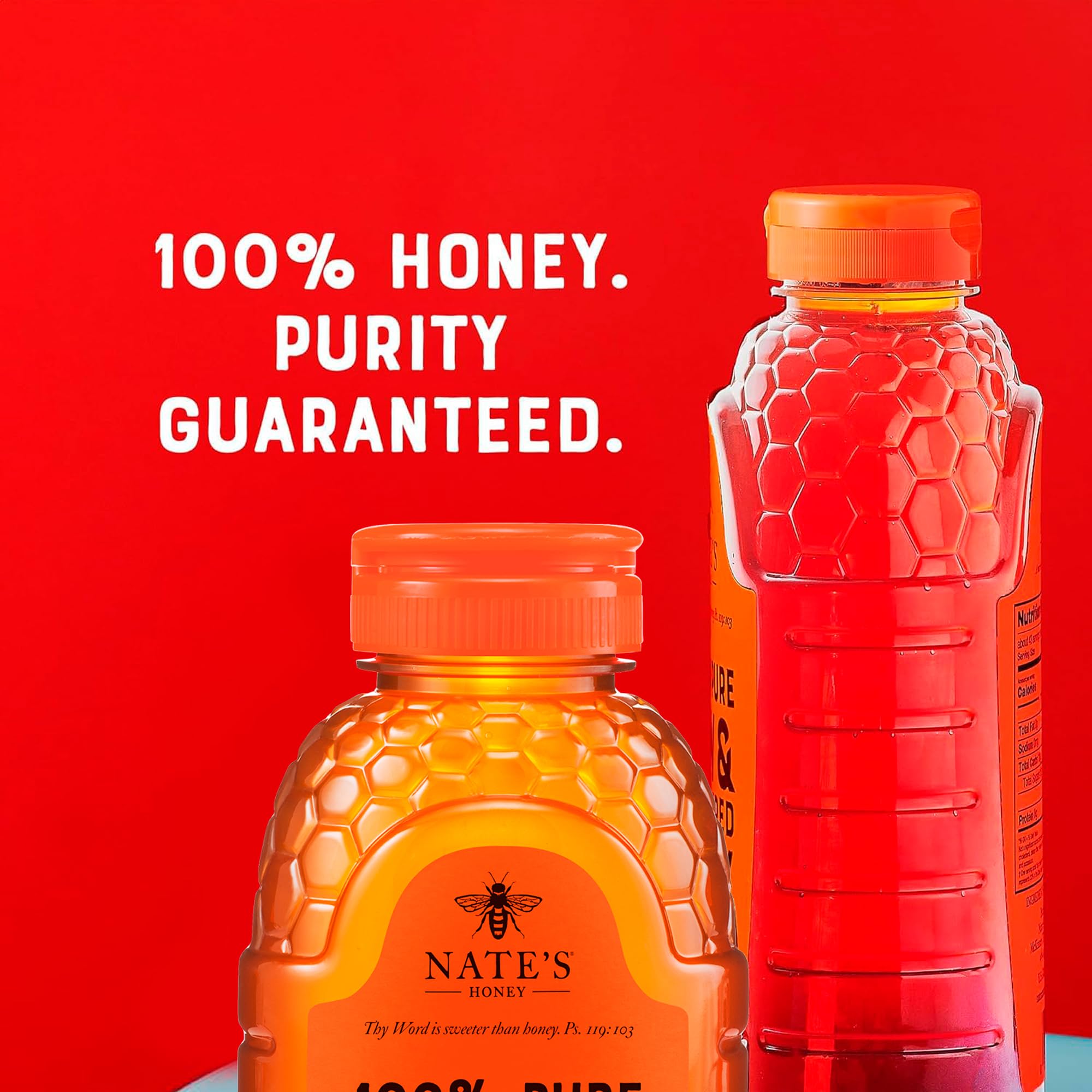 Four-pack of Nature Nate's honey in pantry showing bulk convenience and long shelf stability