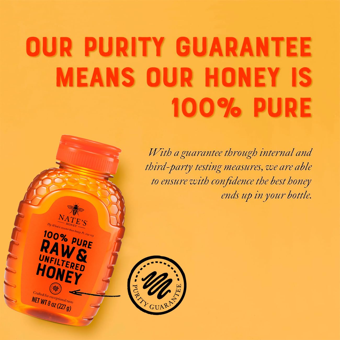 Macro view of Nature Nate's raw honey texture with visible pollen for authentic taste and quality