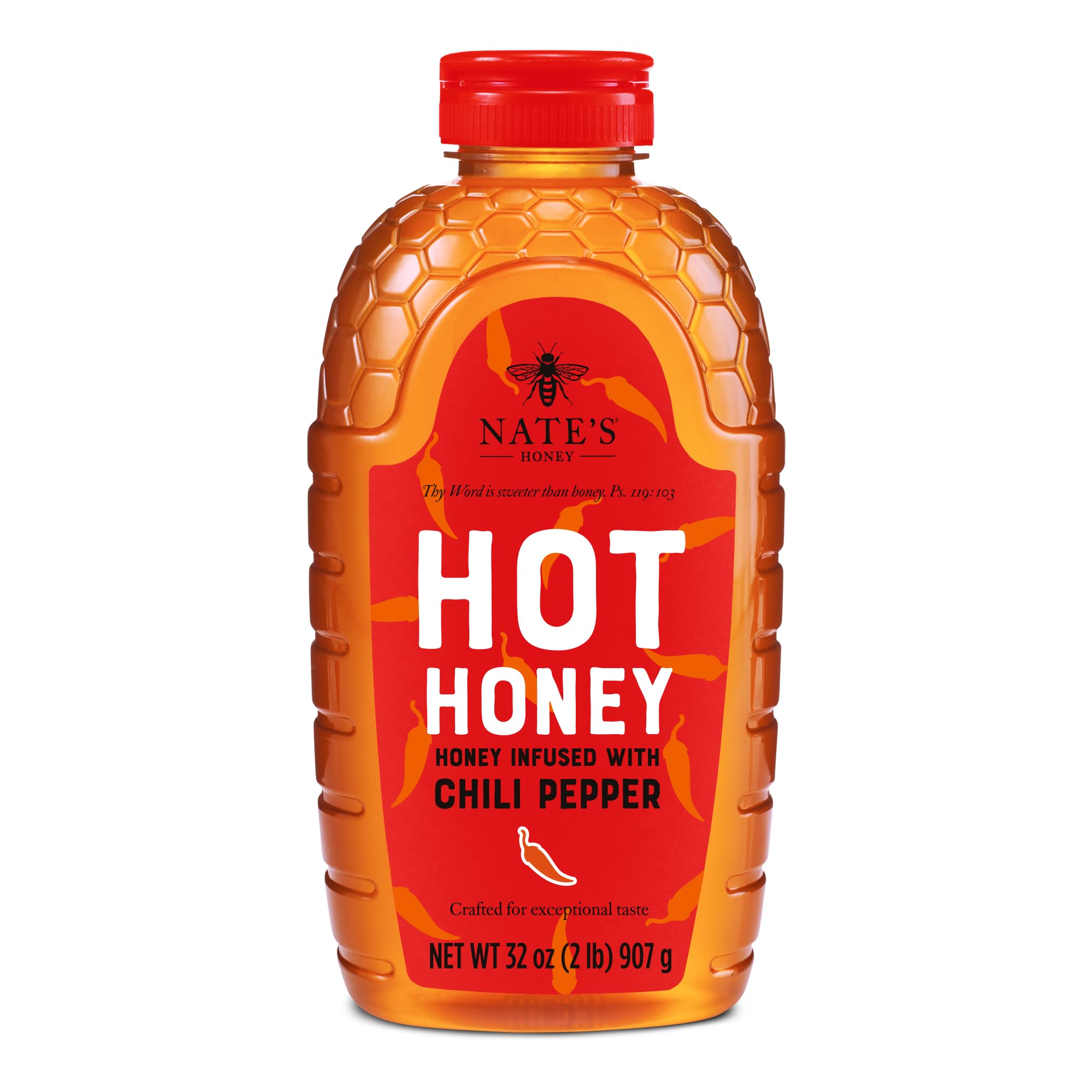 Nate's Honey front packaging showing 32 oz squeeze bottle and easy-pour cap for convenience