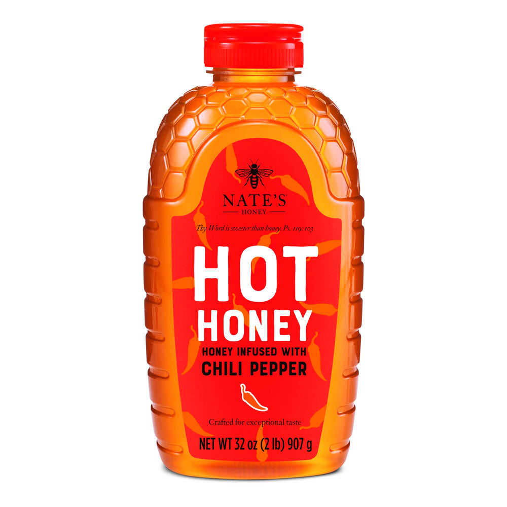 Nate's Honey front packaging showing 32 oz squeeze bottle and easy-pour cap for convenience