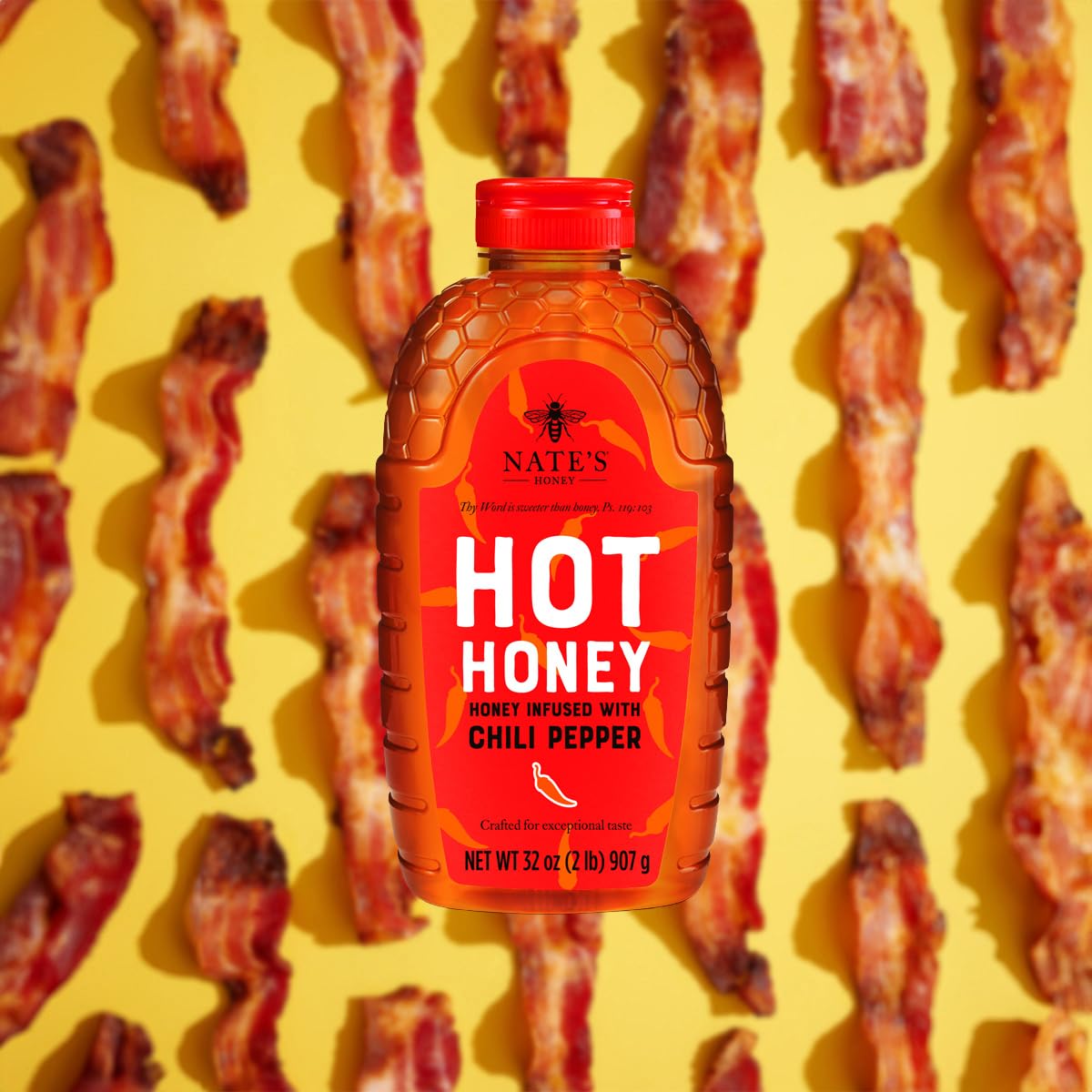 Nate's Honey bottle beside common kitchen items to show 32 oz size and value