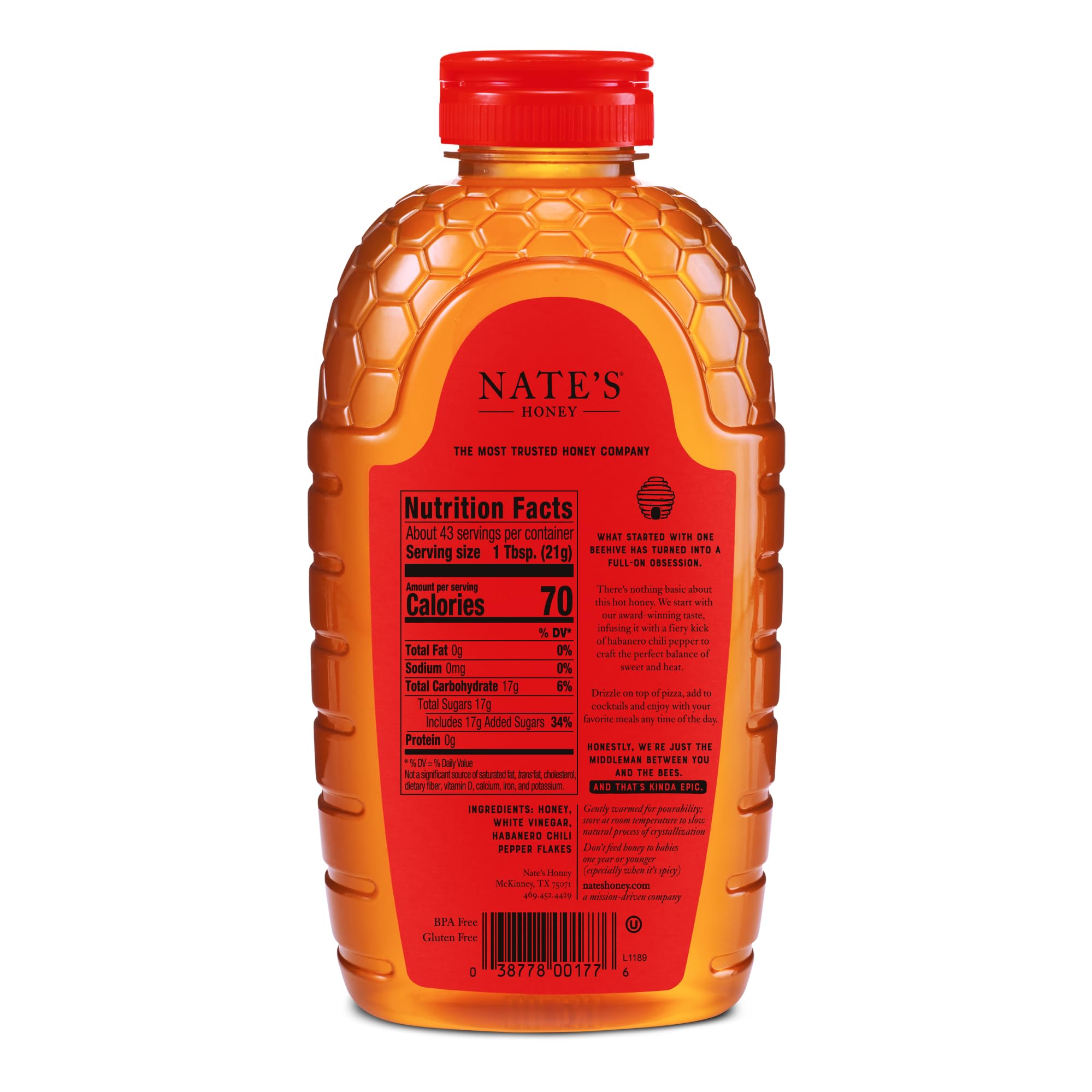 Nate's Honey label and certifications close-up emphasizing purity guarantee and awarded taste