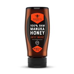 Nate's Honey front packaging showing UMF 15+ and MGO 512 benefit of authenticity
