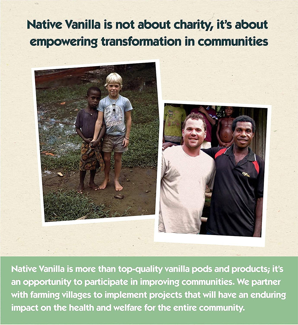 Native Vanilla jar beside whole vanilla beans illustrating real-bean origin and depth