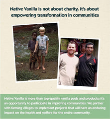 Native Vanilla jar beside whole vanilla beans illustrating real-bean origin and depth