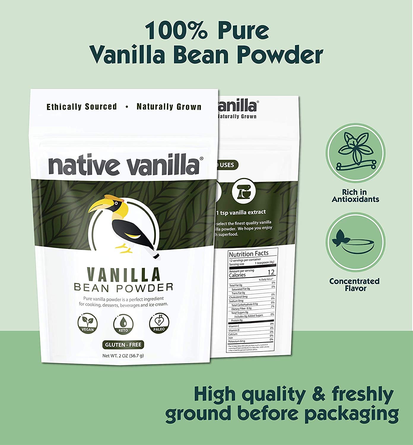 Native Vanilla close-up of powder texture showing whole-bean quality