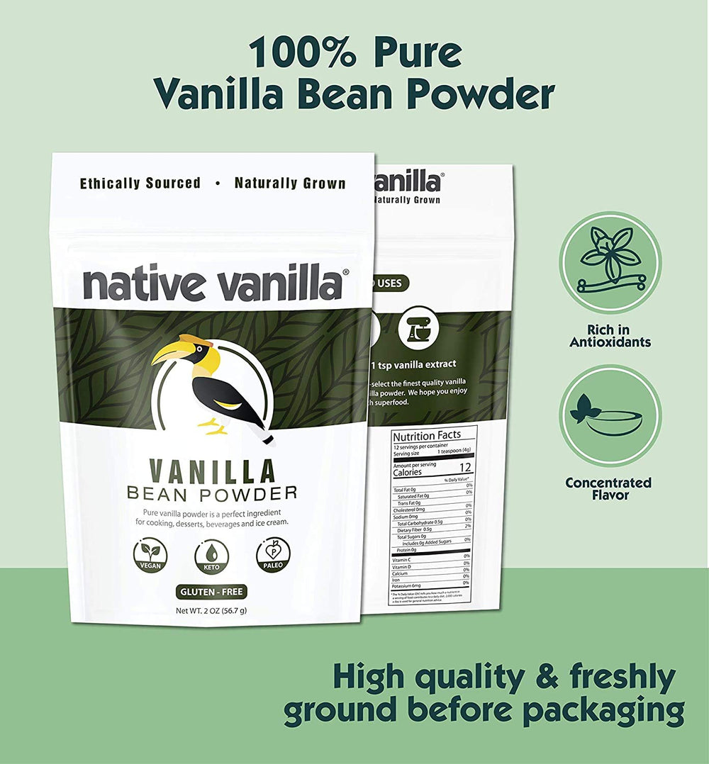 Native Vanilla close-up of powder texture showing whole-bean quality