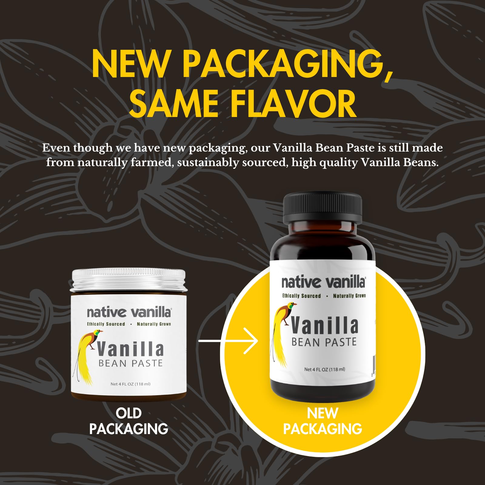 Native Vanilla jar open with visible paste specks highlighting authentic bean flecks