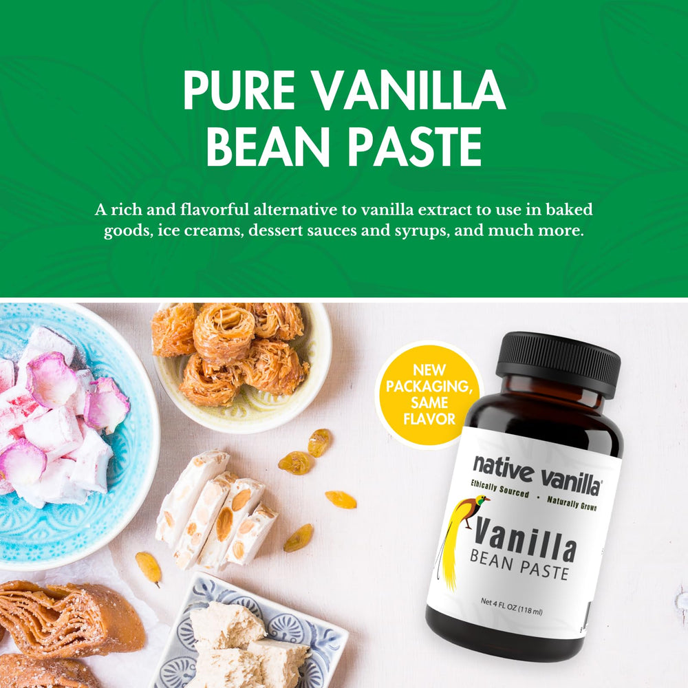 Native Vanilla paste in a mixing bowl being spooned, aids recipe consistency