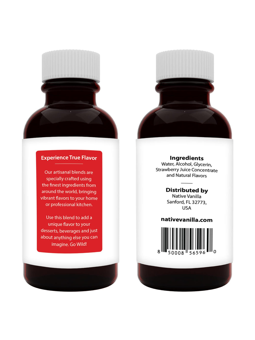 Native Vanilla label close-up highlighting strawberry extract identity and use benefits