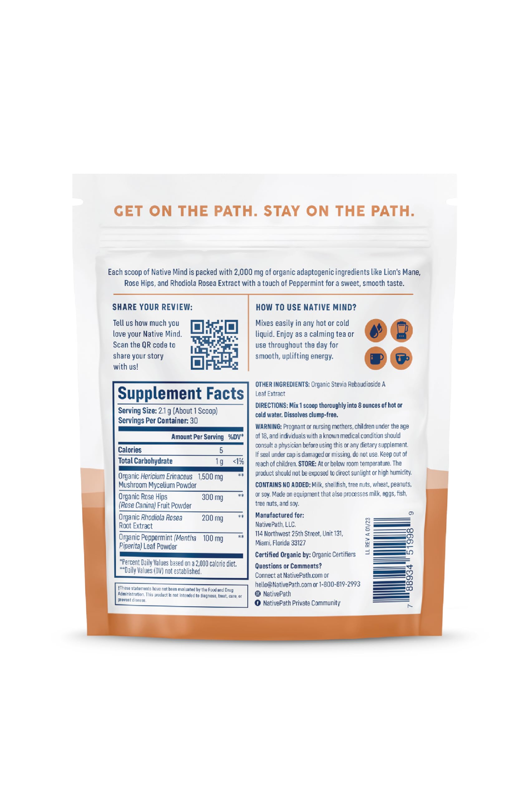 NativePath Native Mind scoop next to measuring dish showing 1,500 mg Lion's Mane per serving clarity