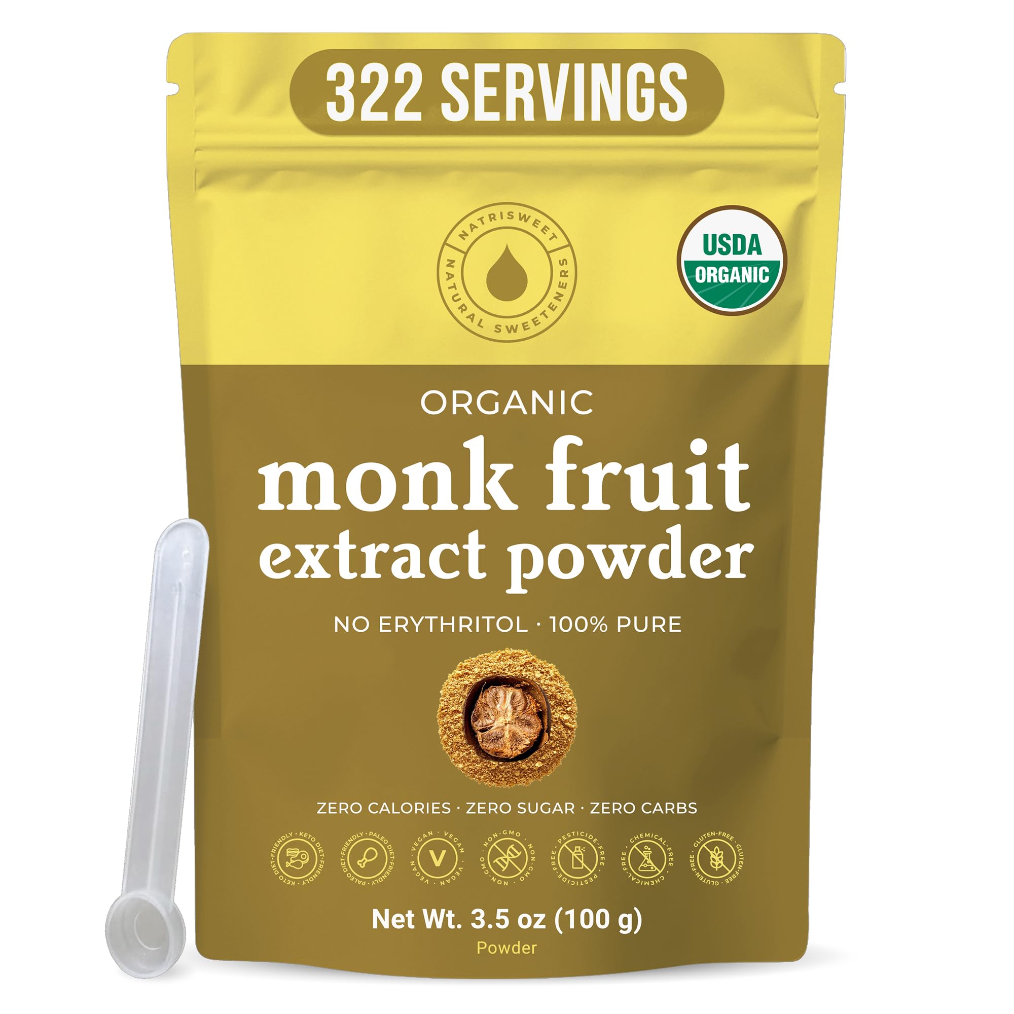 NatriSweet front packaging showing organic monk fruit and benefits