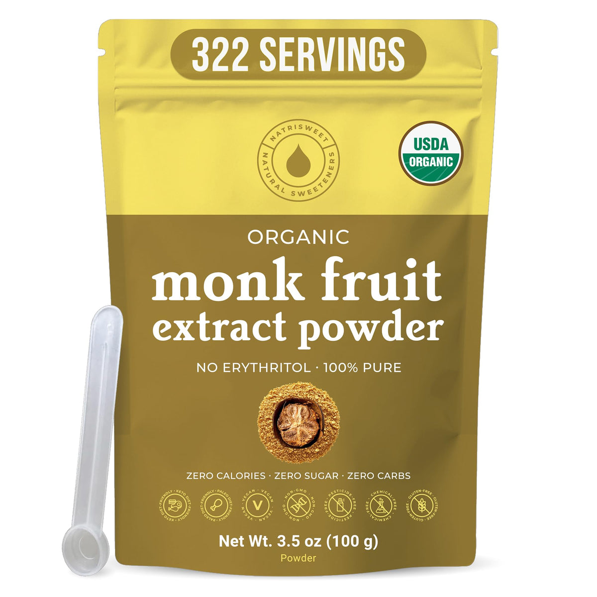 NatriSweet front packaging showing organic monk fruit and benefits
