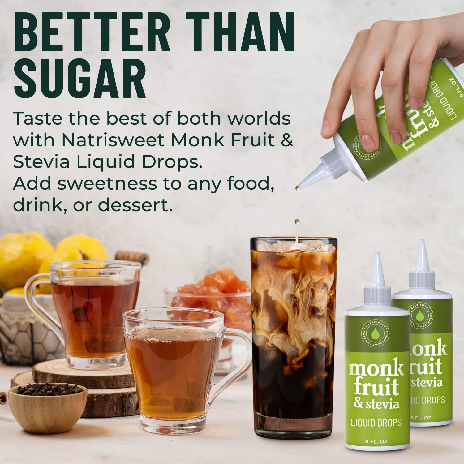 NatriSweet drops blended into iced tea showing no grainy residue