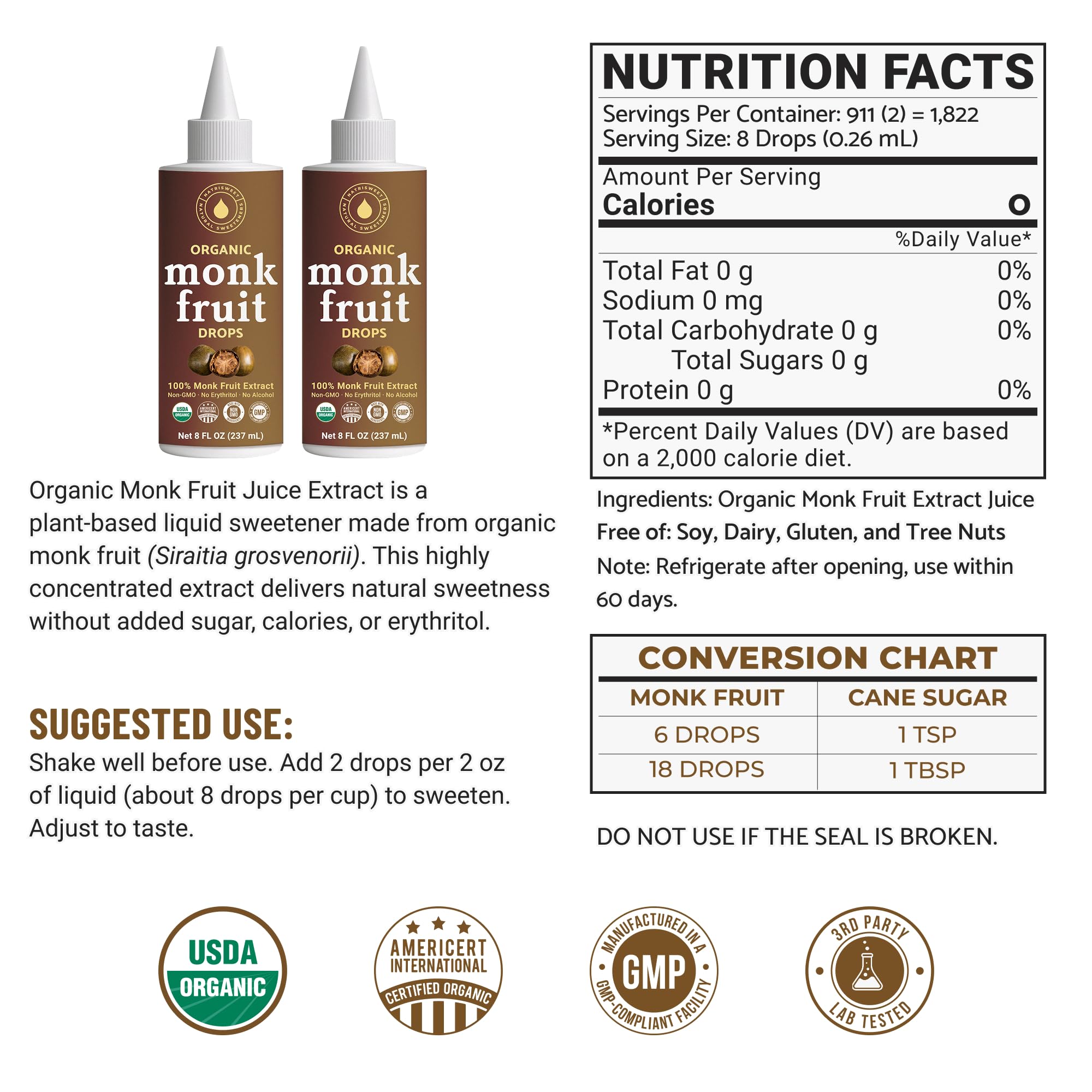 NatriSweet dropper dispensing liquid drops into a cup, ensuring precise sweetness control