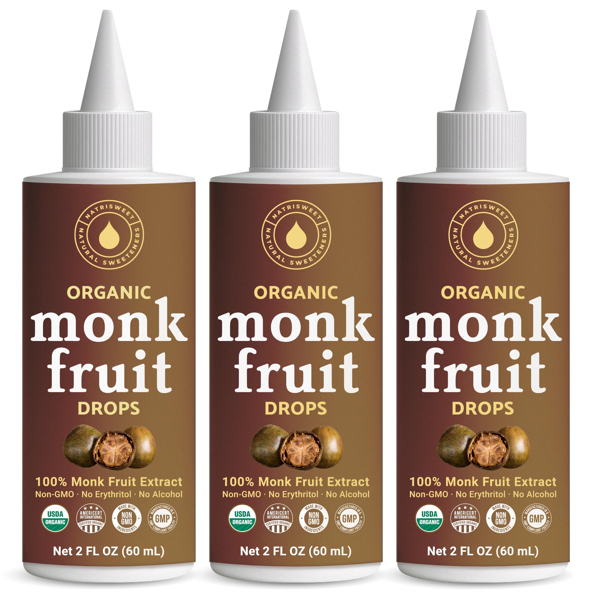 NatriSweet front packaging showing three 2 fl oz dropper bottles and label benefits