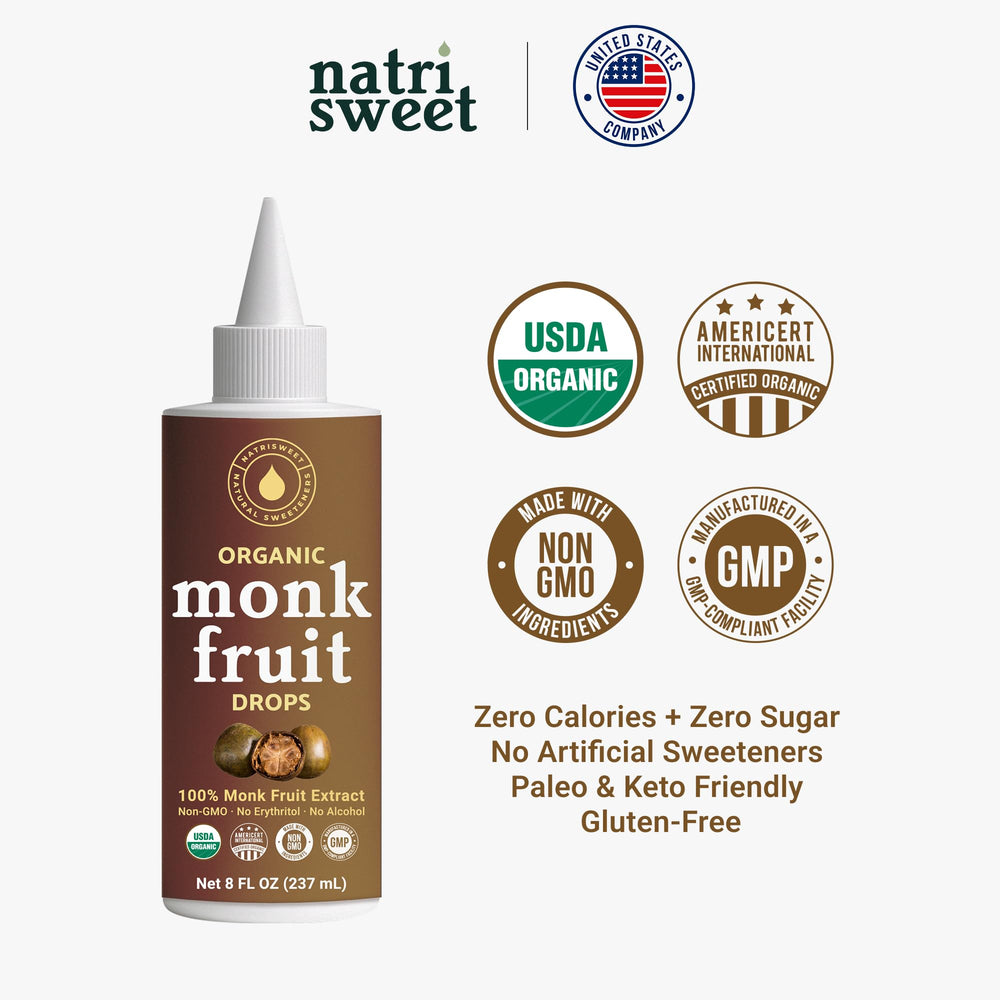 NatriSweet label close-up showing organic monk fruit certification and ingredient clarity
