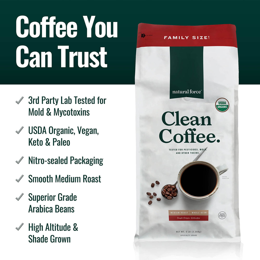 Natural Force close-up of whole bean texture highlighting freshness and even roast