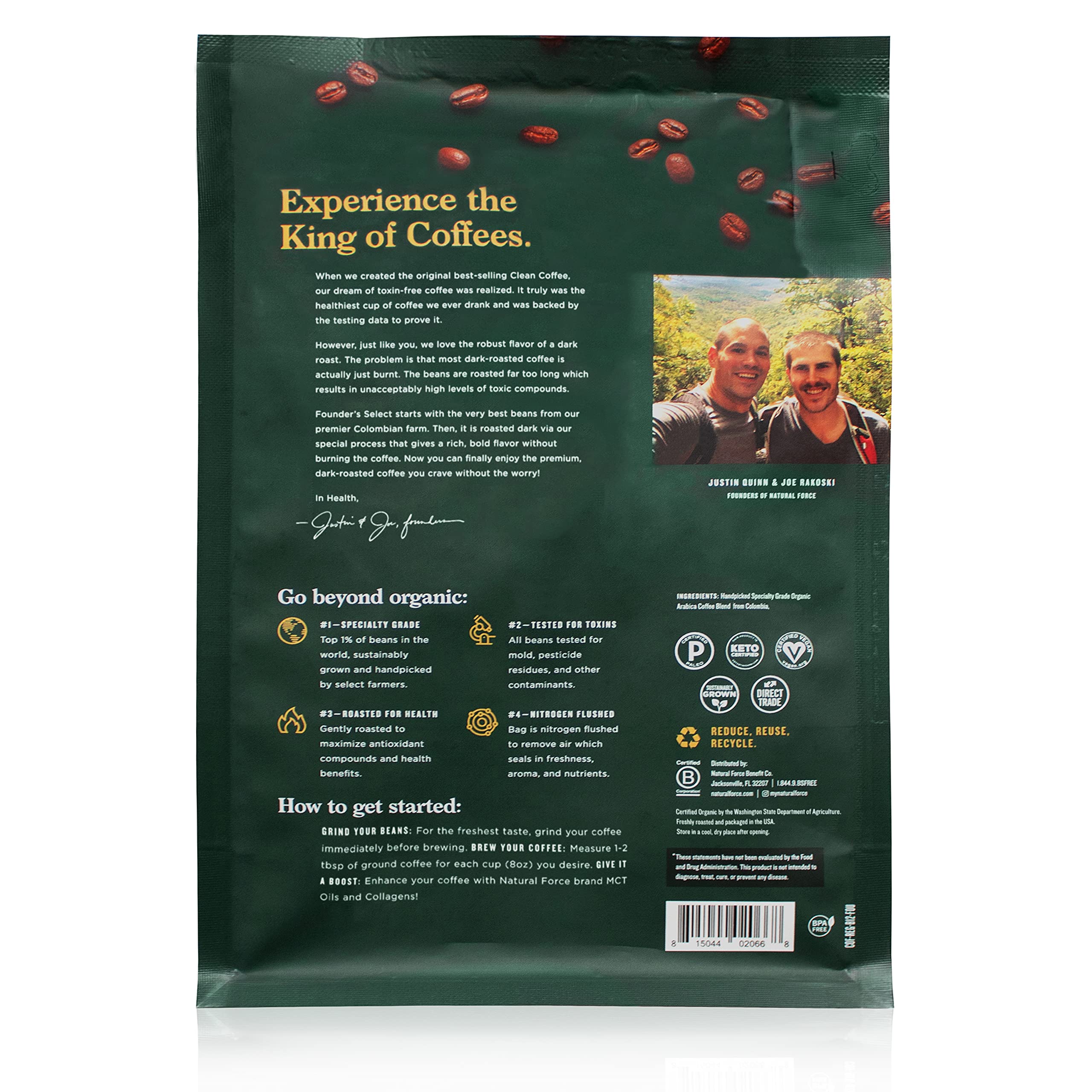 Natural Force whole beans close-up highlighting dark roast texture and rich aroma benefit