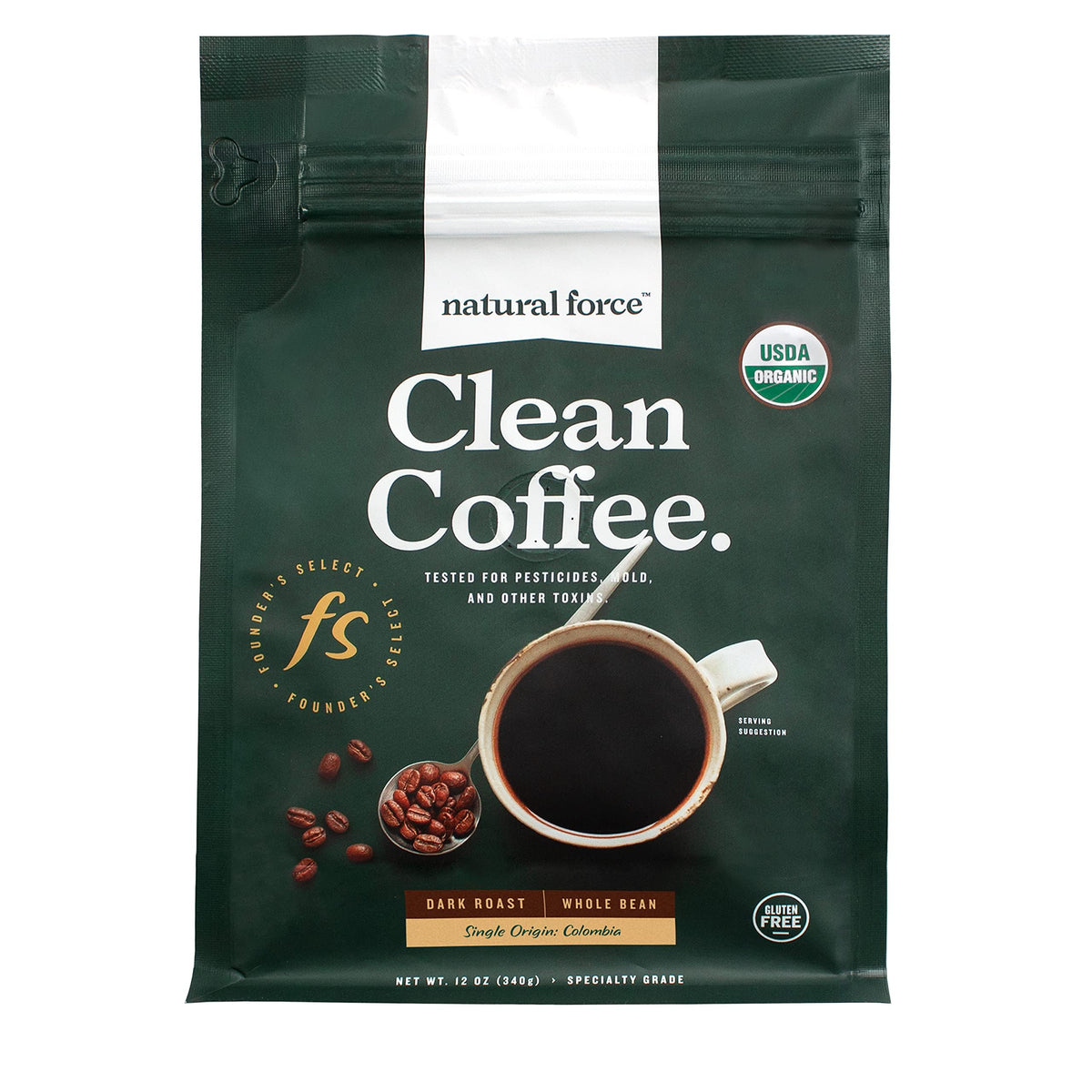 Natural Force front packaging showing USDA Organic label and clean-coffee benefit