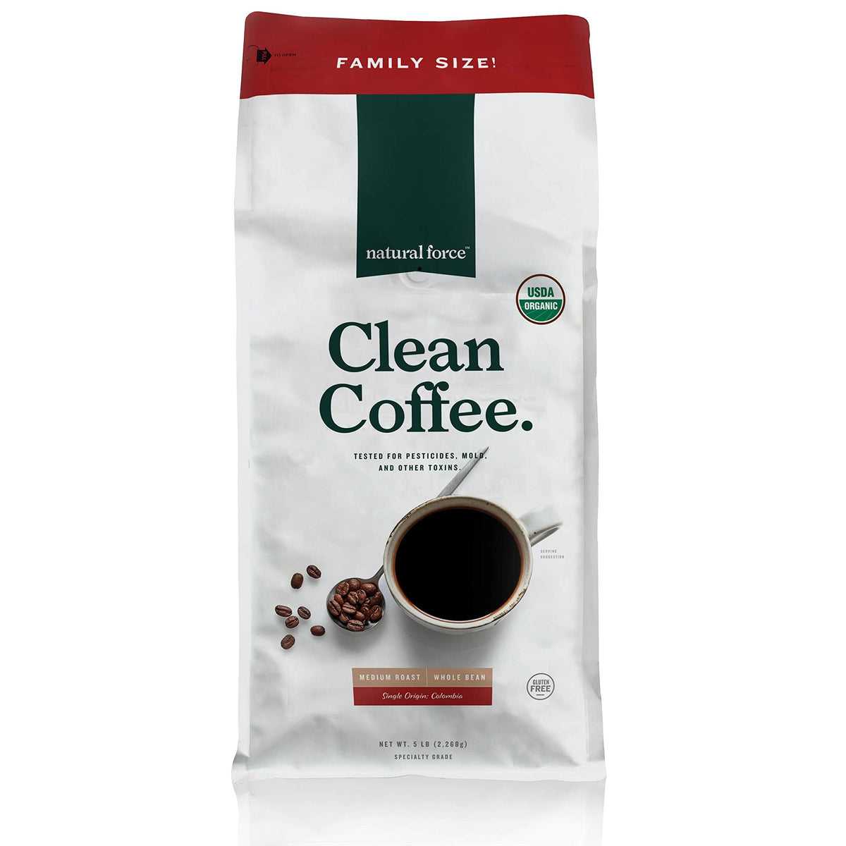 Natural Force front packaging 5 lb bag showing organic label and family size benefit
