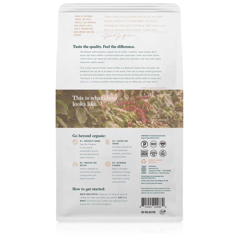 Natural Force close-up of medium roast grounds highlighting aroma and smoothness