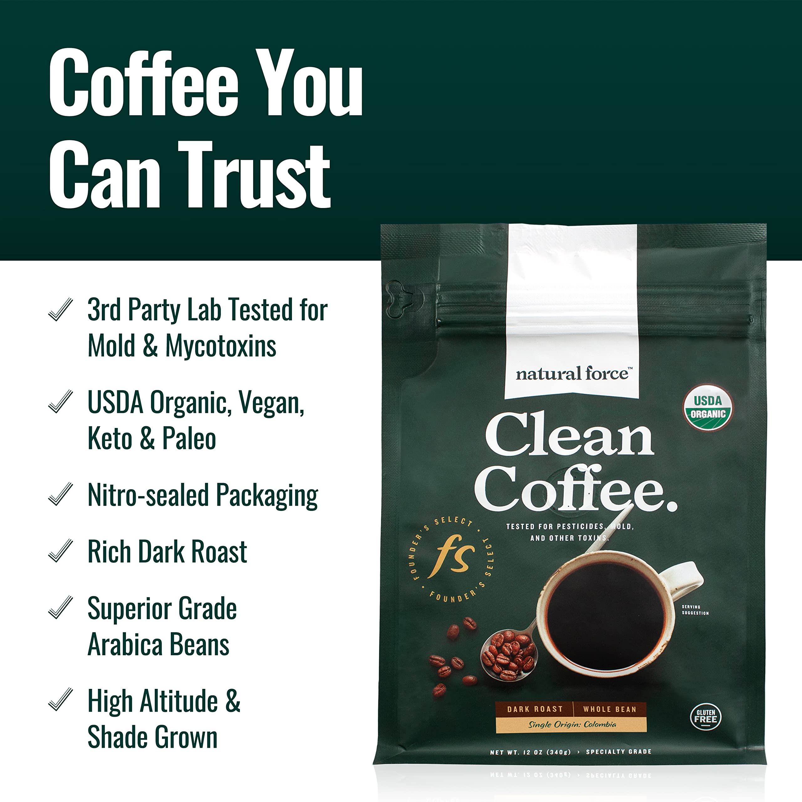 Natural Force beans spilling to show roast profile and bold flavor benefit