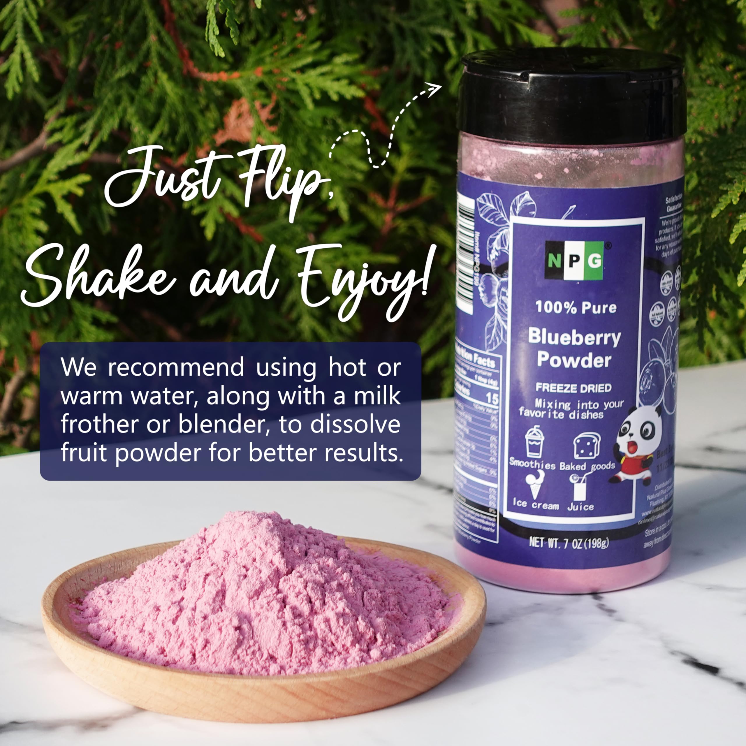 Natural Plus Green powder closeup showing fine freeze‑dried texture and strong blueberry color