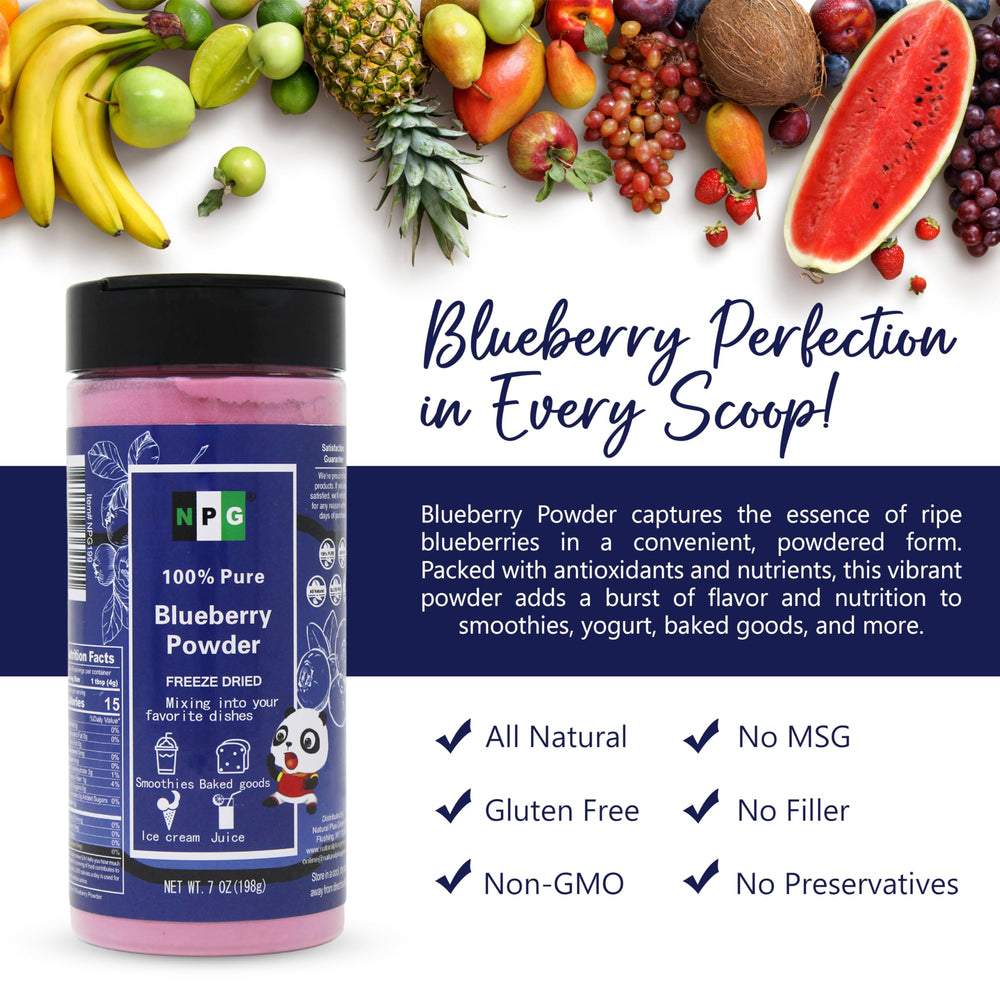 Natural Plus Green powder used in a breakfast scene adding bold blueberry flavor to oatmeal