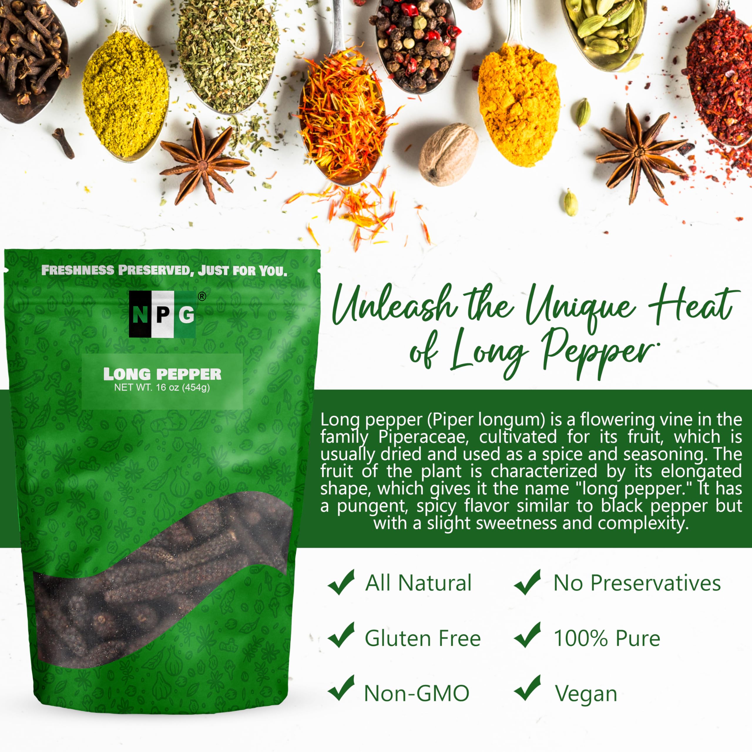 Natural Plus Green long pepper beside measuring scale showing 16 oz package value