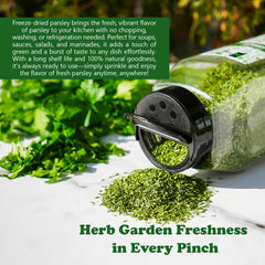 Natural Plus Green parsley flakes sprinkled on pasta adding herbal color and taste
