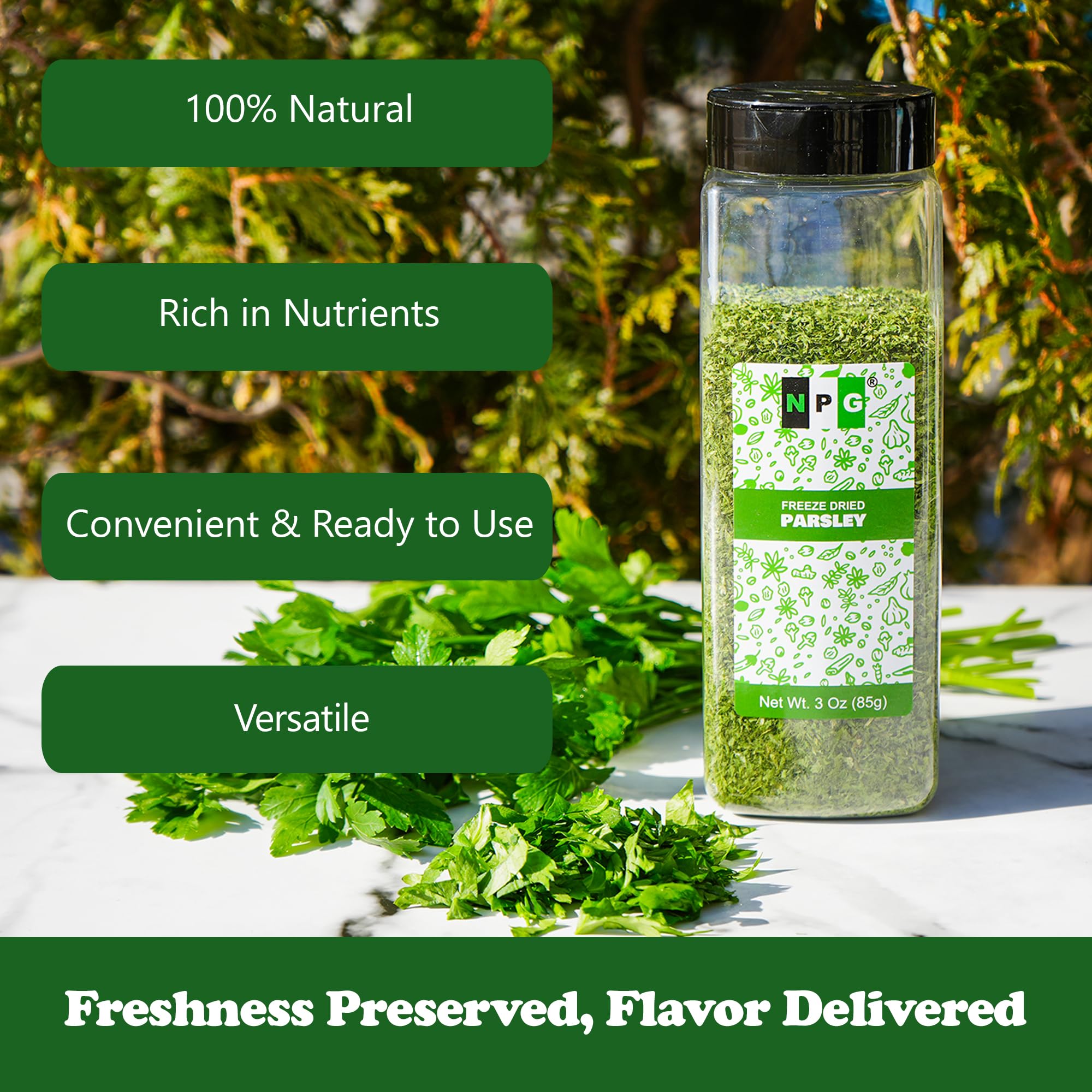 Natural Plus Green flakes on spoon showing 3 oz size and portion control benefit