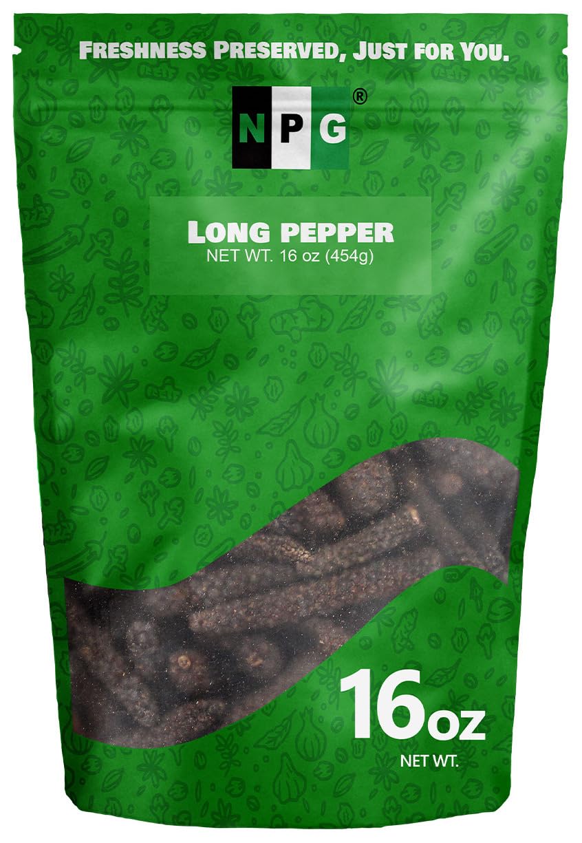 Natural Plus Green front packaging of 16 oz long pepper pouch showing label and resealable benefit
