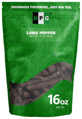 Natural Plus Green front packaging of 16 oz long pepper pouch showing label and resealable benefit