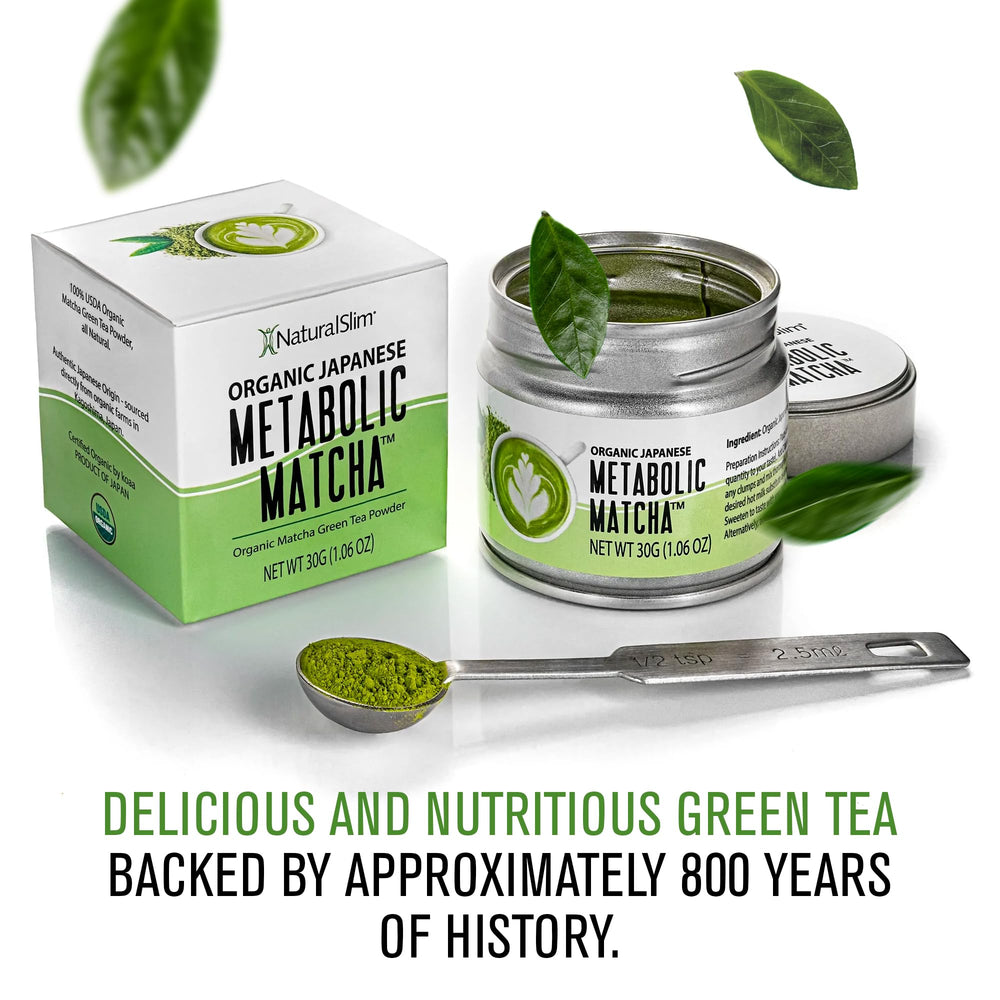 NaturalSlim matcha jar next to measuring spoon demonstrating compact 30g size