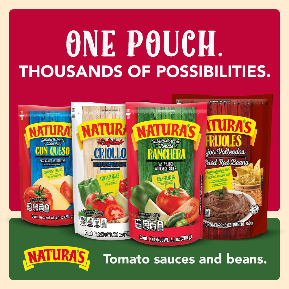 NATURA'S pouch beside a plate illustrating pouch size and portioning