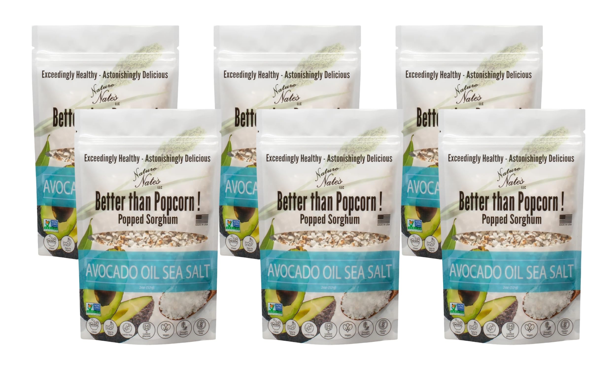 Nature Nate's front packaging showing popped sorghum and net weight for easy identification