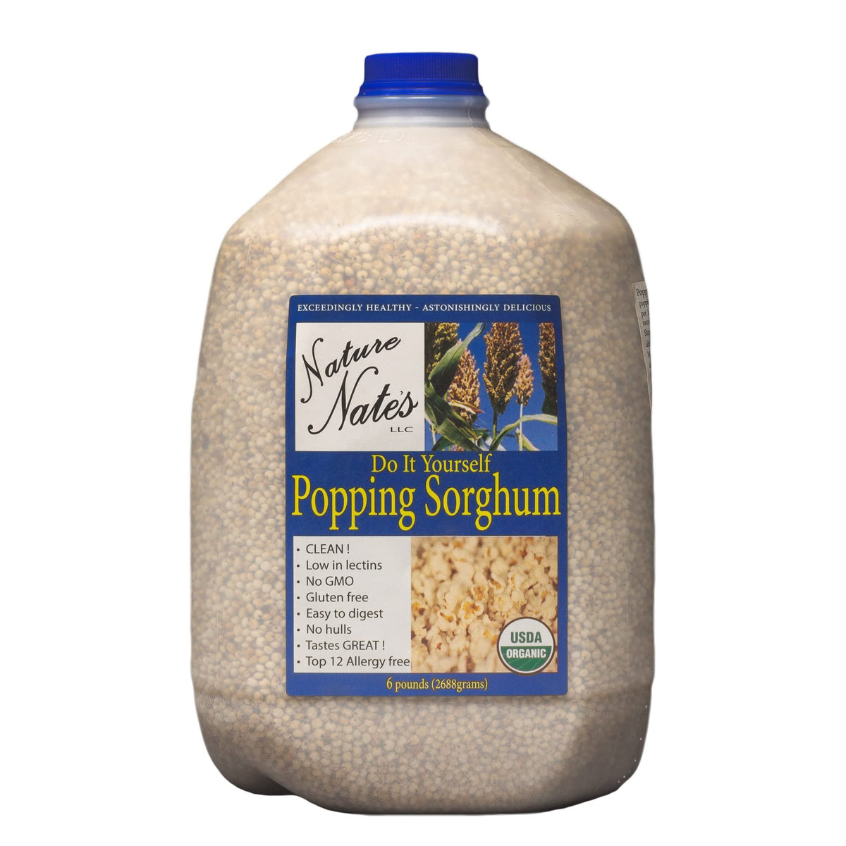 Nature Nate's front packaging showing organic sorghum, clear labeling and shelf-ready benefit