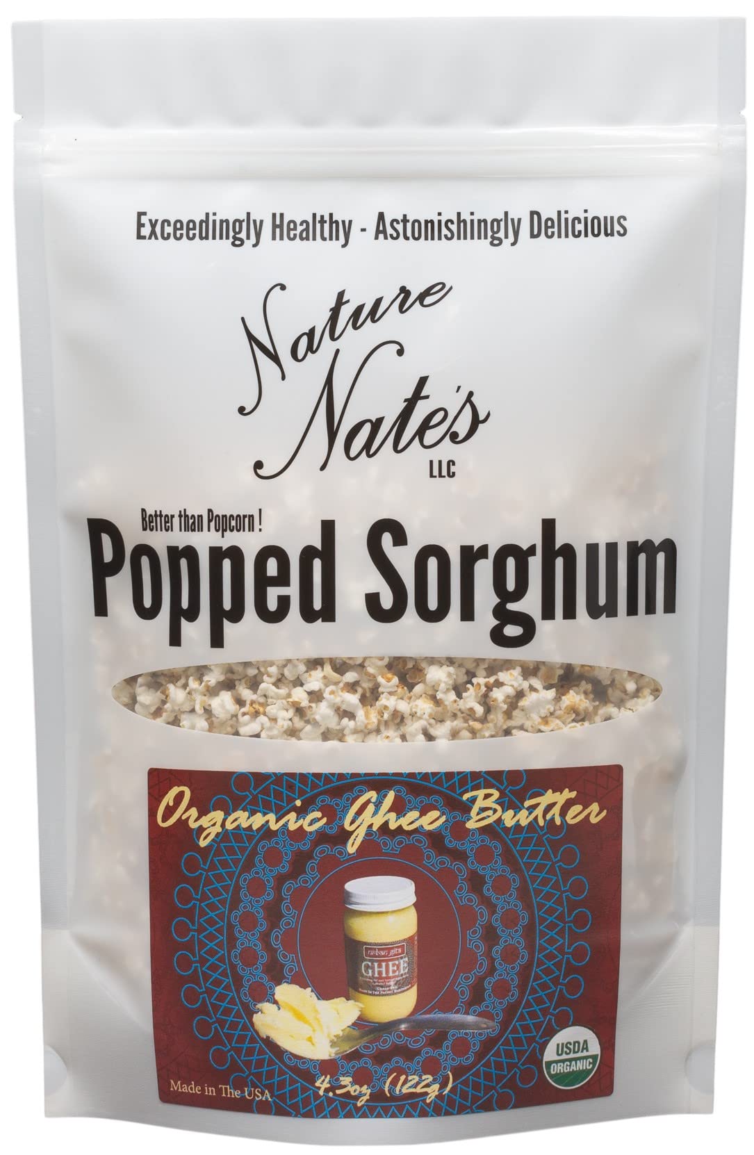 Nature Nate's front pack showing ghee butter sorghum, highlights clean ingredients
