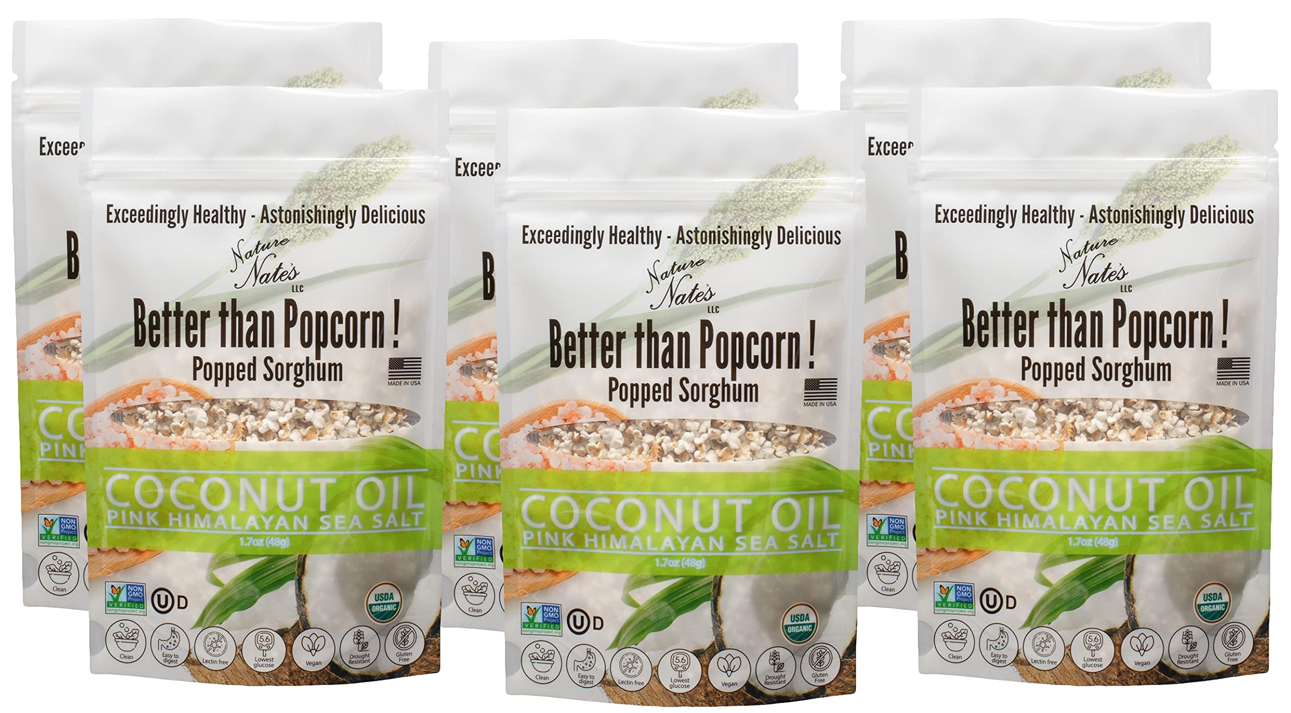 Nature Nate's front packaging showing organic popped sorghum and benefits
