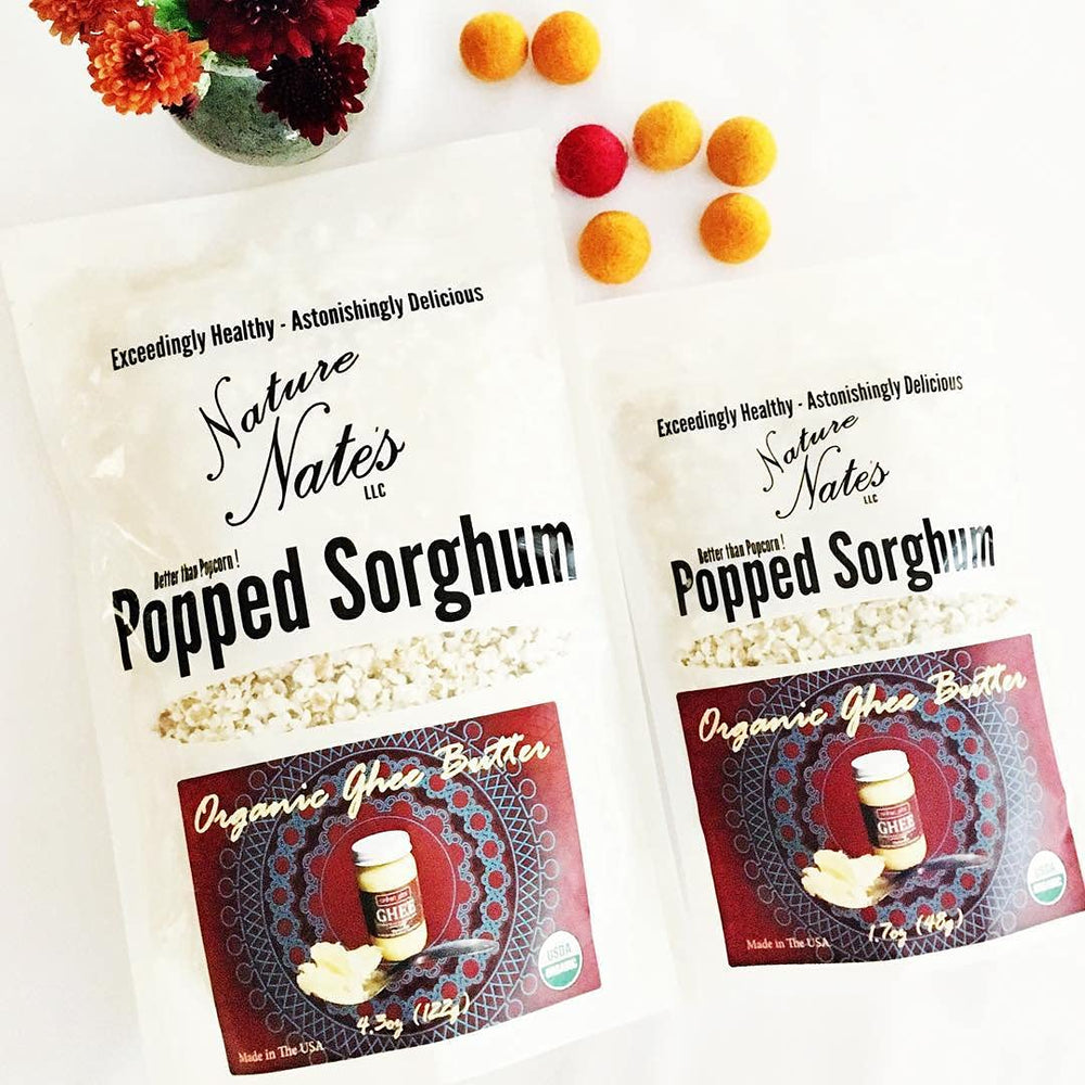 Nature Nate's bowl of popped sorghum in kitchen, ideal for healthy snacking
